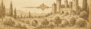 Old-style drawing of a castle on a hill with a stone bridge